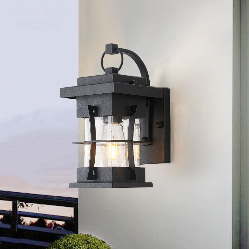 Lisslune | Clear Glass Black Wall Light Square/Rectangle 1-Light Coastal Wall Lamp Fixture with Iron Cage