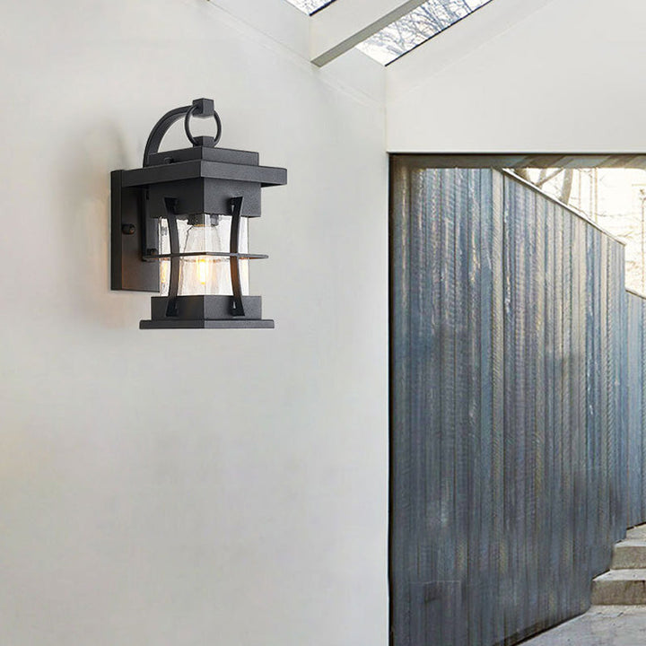Lisslune | Clear Glass Black Wall Light Square/Rectangle 1-Light Coastal Wall Lamp Fixture with Iron Cage