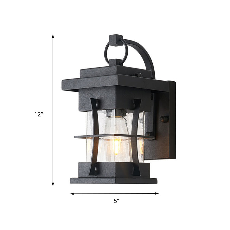 Lisslune | Clear Glass Black Wall Light Square/Rectangle 1-Light Coastal Wall Lamp Fixture with Iron Cage