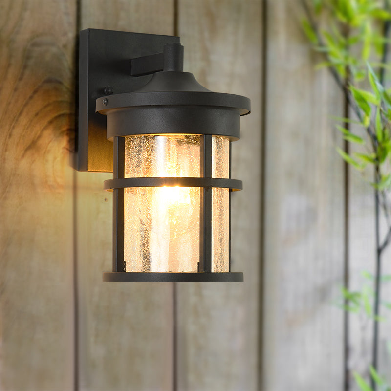 Skørter | Cylinder Outdoor Wall Light Vintage Crackle Glass 1 Light Black Wall Lamp, 6"/8" Wide