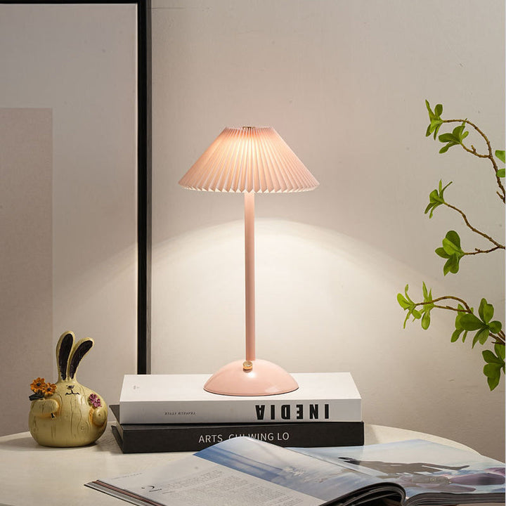Lisslune | Contemporary Scandinavian rechargeable iron fabric cone pleated LED table lamp for bedside