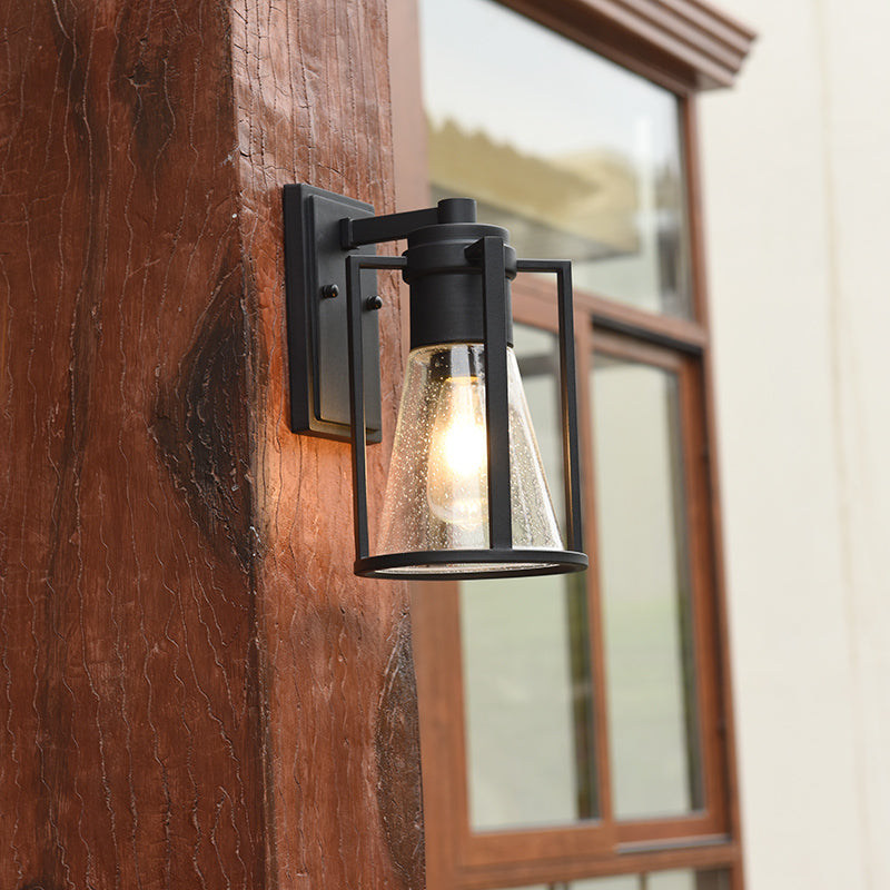 Skørter | 1 Light Conical Wall Lamp Industrial Black Seeded Glass Wall Lamp with Metal Cage