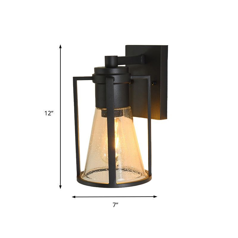 Skørter | 1 Light Conical Wall Lamp Industrial Black Seeded Glass Wall Lamp with Metal Cage