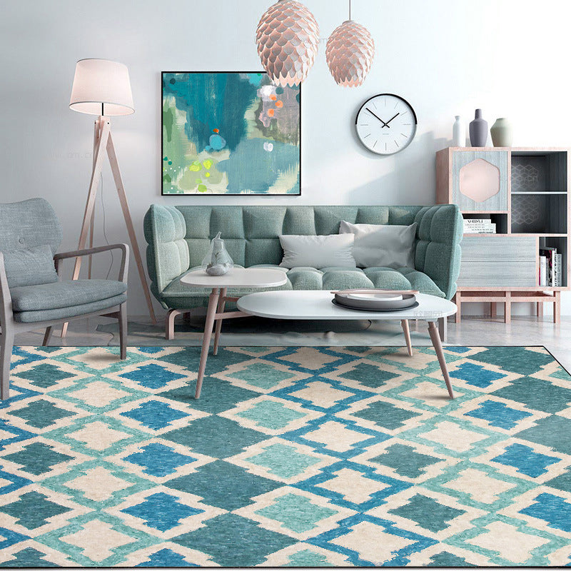 Lisslune | Geometric Southwest Rug Blue Diamond Trellis Rug Anti-slip Back Power Loom Indoor Rug
