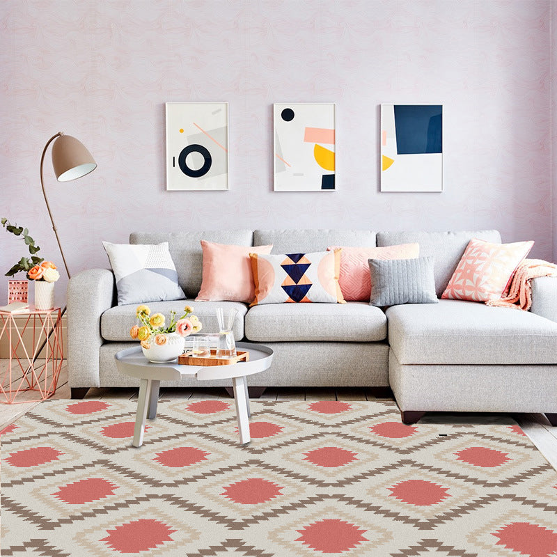 Lisslune | Geometric Southwest Rug Red Diamond Grid Rug Synthetic Non-Slip Pet Friendly Area Rug for Living Room