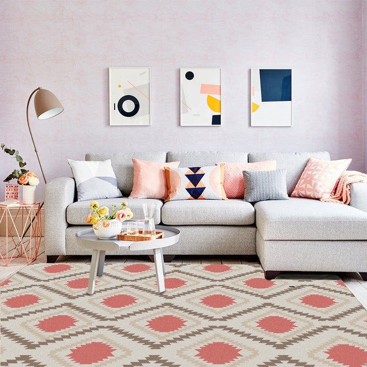 Lisslune | Geometric Southwest Rug Red Diamond Grid Rug Synthetic Non-Slip Pet Friendly Area Rug for Living Room