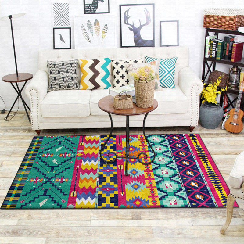 Lisslune | Banded Aztec Tokens Rug Geometric Tribal Symbols Rug Synthetic Non-Slip Pet-Friendly Indoor Rug for the Living Room