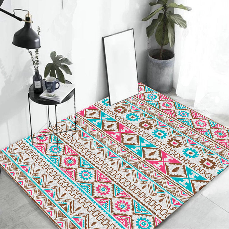 Lisslune | Banded Tribal printed rug with Native symbols washable non-slip stain-resistant rug for the bedroom in blue and pink