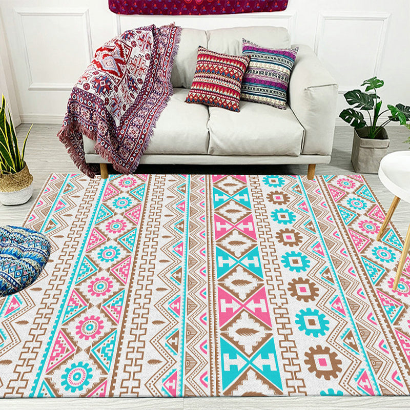 Lisslune | Banded Tribal printed rug with Native symbols washable non-slip stain-resistant rug for the bedroom in blue and pink