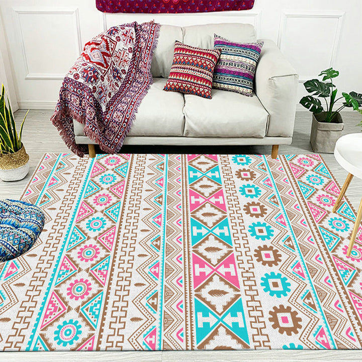 Lisslune | Banded Tribal printed rug with Native symbols washable non-slip stain-resistant rug for the bedroom in blue and pink