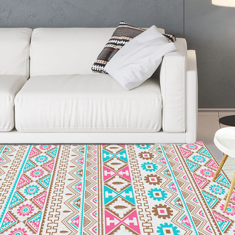 Lisslune | Banded Tribal printed rug with Native symbols washable non-slip stain-resistant rug for the bedroom in blue and pink