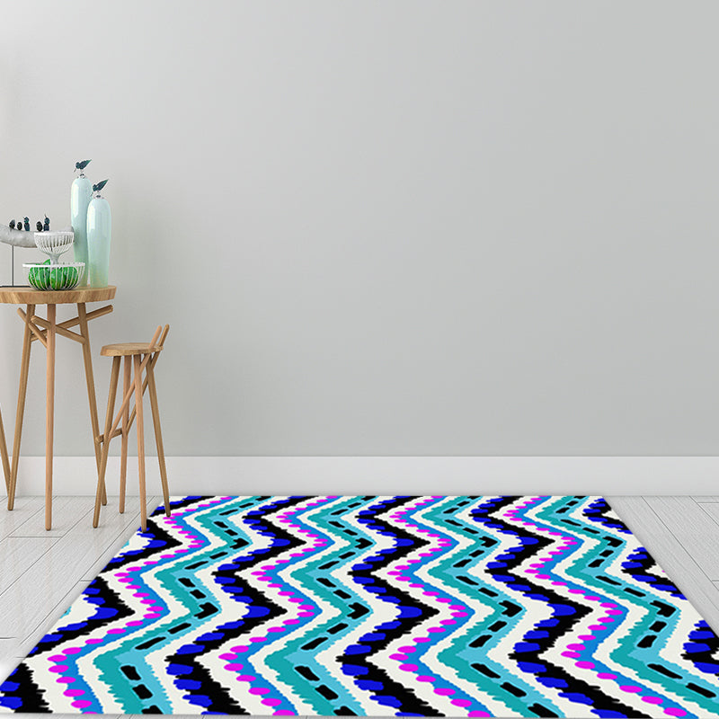Lisslune | Zigzag Chevron Stripe Area Rug in Blue and Purple Polyester Pet-Friendly Stain-Resistant Flooring