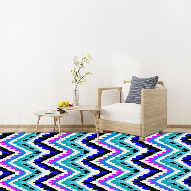 Lisslune | Zigzag Chevron Stripe Area Rug in Blue and Purple Polyester Pet-Friendly Stain-Resistant Flooring
