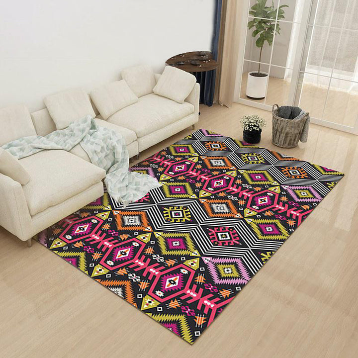 Lisslune | Yellow Pink Ancestral Diamond Carpet with Tribal Symbols Polyester Washable Pet-Friendly Area Rug for Fireplace