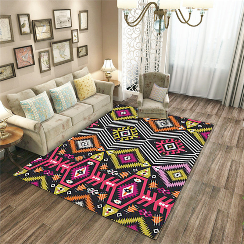 Lisslune | Yellow Pink Ancestral Diamond Carpet with Tribal Symbols Polyester Washable Pet-Friendly Area Rug for Fireplace
