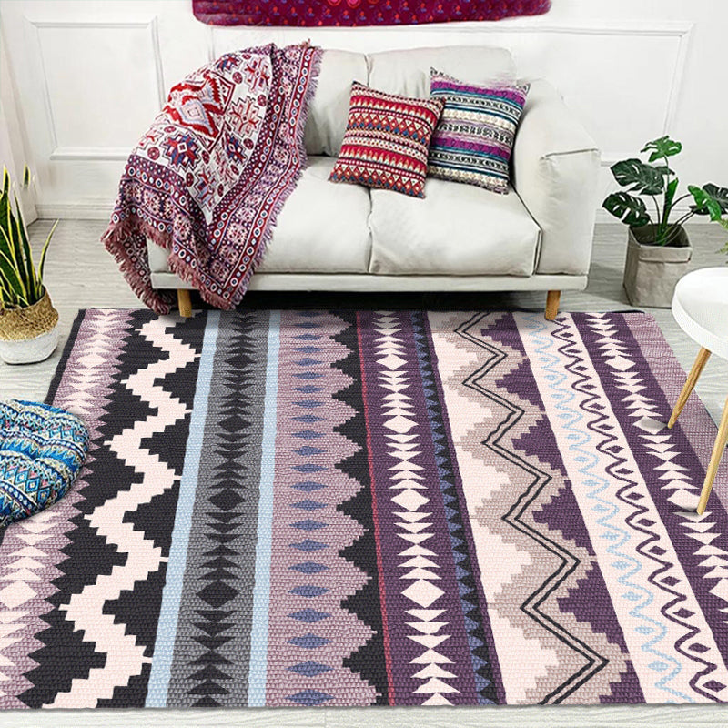 Lisslune | Purple Striped Chevron Geometric Rug Indian Tribal Indoor Mat Synthetic Non-Slip Power Loom Rug for Living Room