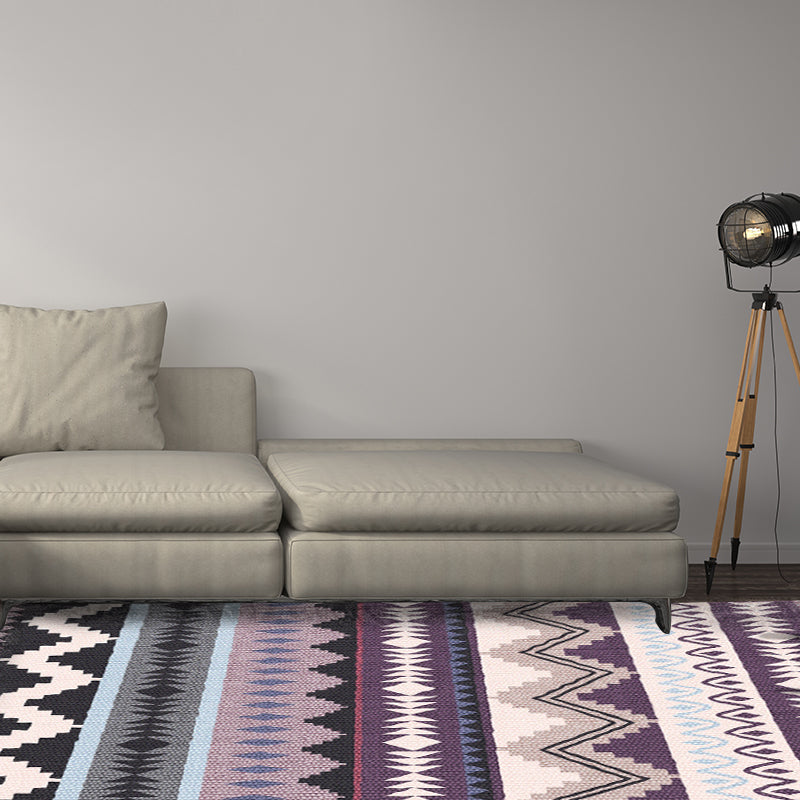 Lisslune | Purple Striped Chevron Geometric Rug Indian Tribal Indoor Mat Synthetic Non-Slip Power Loom Rug for Living Room
