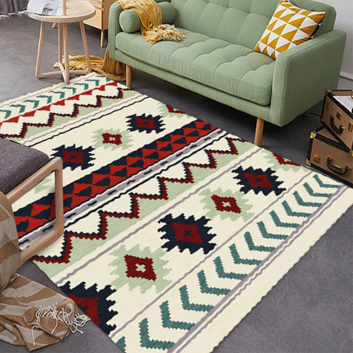 Lisslune | Southwestern Americana Aztec rug in blue and red striped geometric rug polyester stain resistant indoor rug