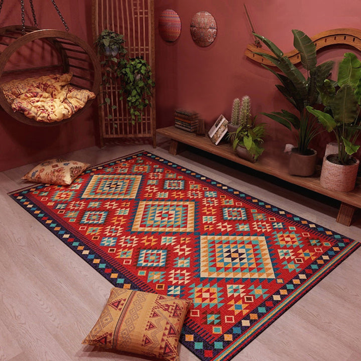 Lisslune | Beef Frame Retro Tribal Carpet with Moroccan Medallion synthetic anti-slip pet-friendly rug for the fireplace