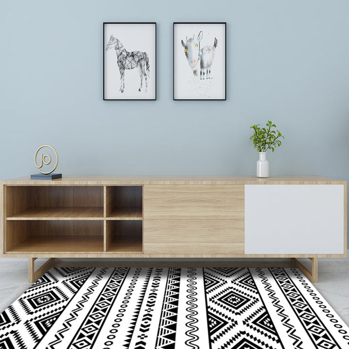 Lisslune | Country Tribal Washable Rug Black and White Ethnic Geometric Rug Stain Resistant Polyester Rug for the Living Room