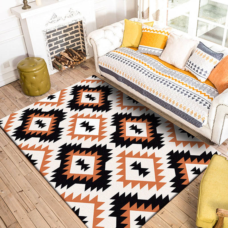 Lisslune | Aztec Tokens Tribal Indigenous Carpet with ethnic geometric diamond in orange and black polyester stain-resistant personal carpet