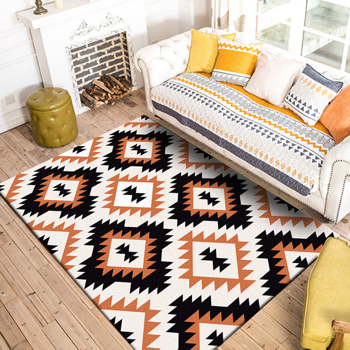 Lisslune | Aztec Tokens Tribal Indigenous Carpet with ethnic geometric diamond in orange and black polyester stain-resistant personal carpet