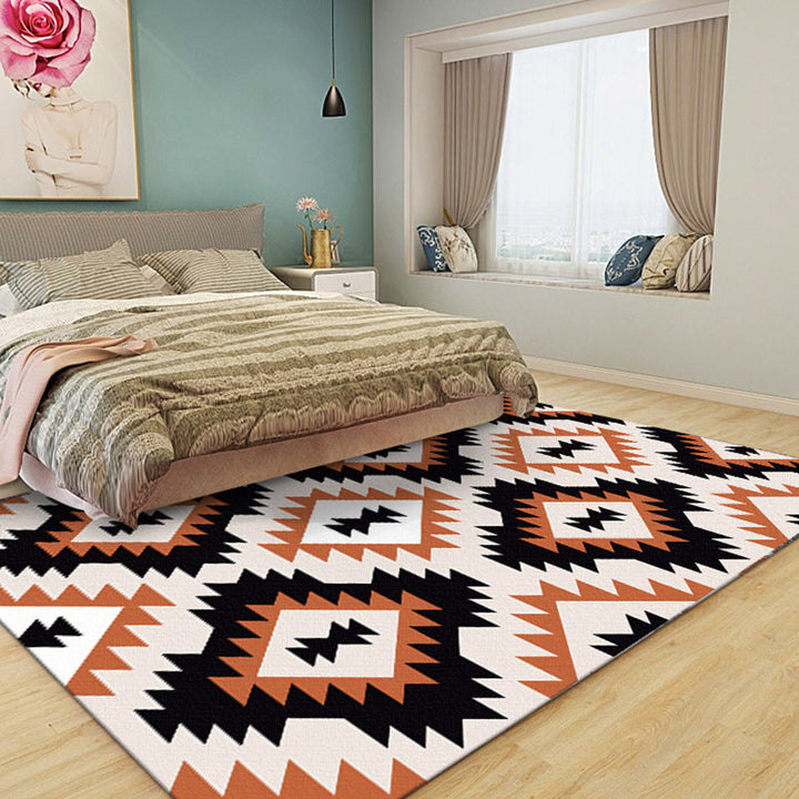 Lisslune | Aztec Tokens Tribal Indigenous Carpet with ethnic geometric diamond in orange and black polyester stain-resistant personal carpet