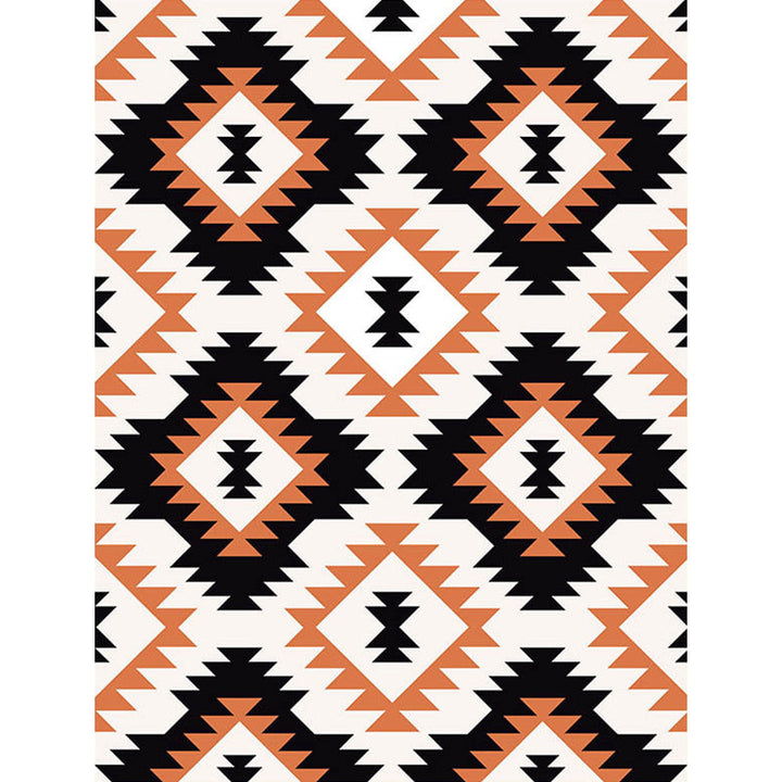 Lisslune | Aztec Tokens Tribal Indigenous Carpet with ethnic geometric diamond in orange and black polyester stain-resistant personal carpet