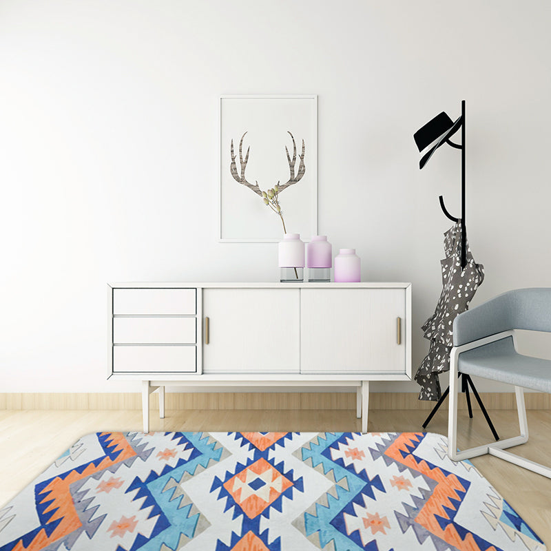 Lisslune | Striped Aztec Tokens Tribal Rug in Orange and Blue Synthetic Non-Slip Pet Friendly Rug for Living Room in Gray
