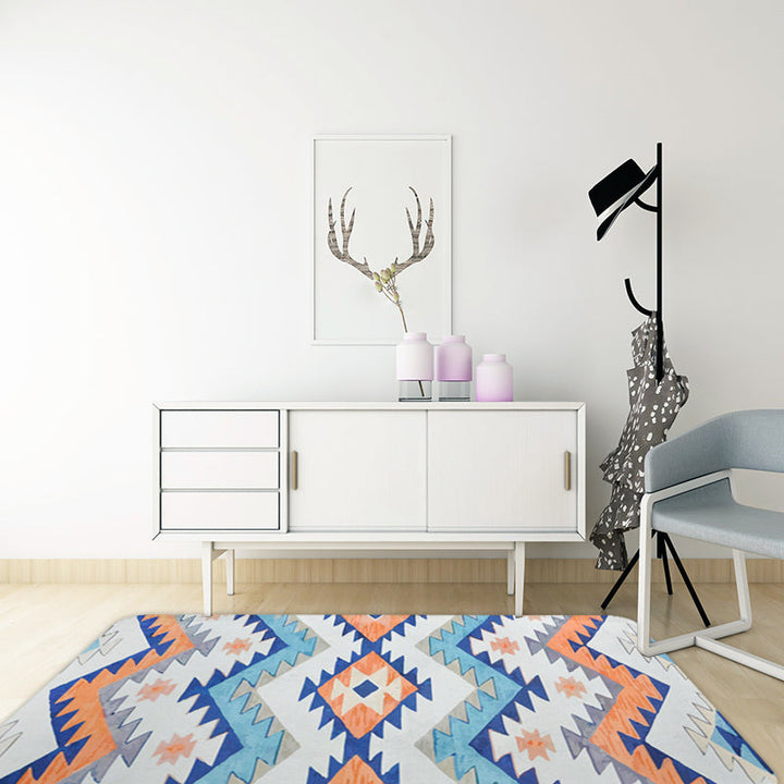 Lisslune | Striped Aztec Tokens Tribal Rug in Orange and Blue Synthetic Non-Slip Pet Friendly Rug for Living Room in Gray