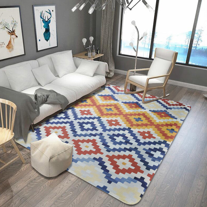 Lisslune | Tribal Ancestral Rug with Aztec Diamond in Orange and Blue, stain-resistant Power Loom rug for the bedroom