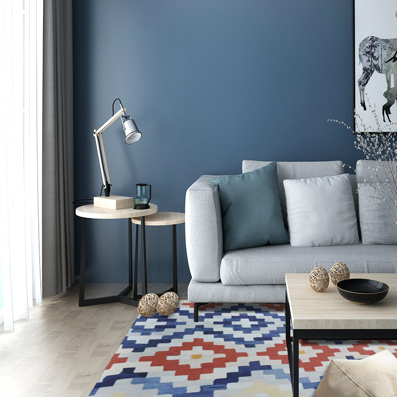 Lisslune | Tribal Ancestral Rug with Aztec Diamond in Orange and Blue, stain-resistant Power Loom rug for the bedroom