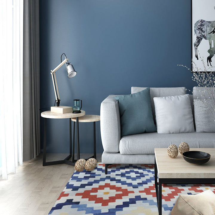 Lisslune | Tribal Ancestral Rug with Aztec Diamond in Orange and Blue, stain-resistant Power Loom rug for the bedroom