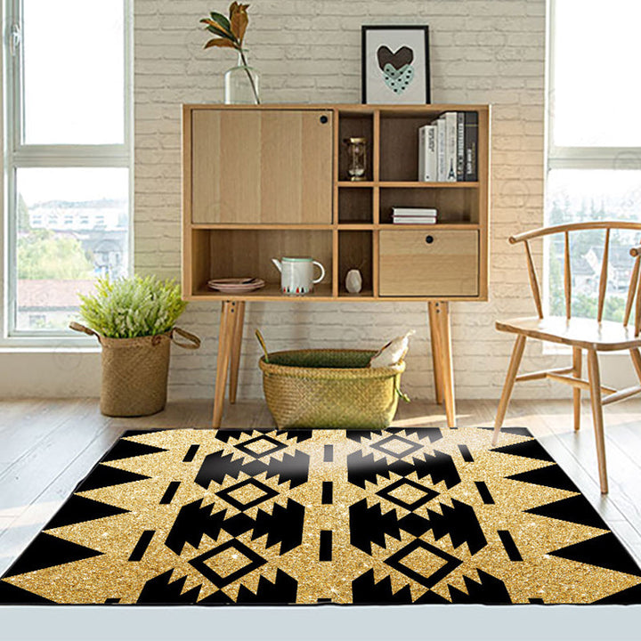 Lisslune | Zigzag Tribal-Diamond Rug in Gold and Black Polyester Non-Slip Back Power Loom Indoor Rug