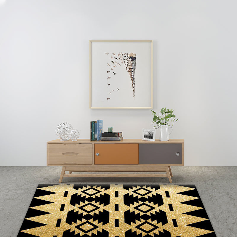 Lisslune | Zigzag Tribal-Diamond Rug in Gold and Black Polyester Non-Slip Back Power Loom Indoor Rug