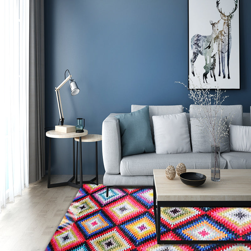 Lisslune | Retro-Diamond-Geometric Colorful Carpet Navajo Style Fabric Anti-Slip Pet Friendly Area Rug for Living Room
