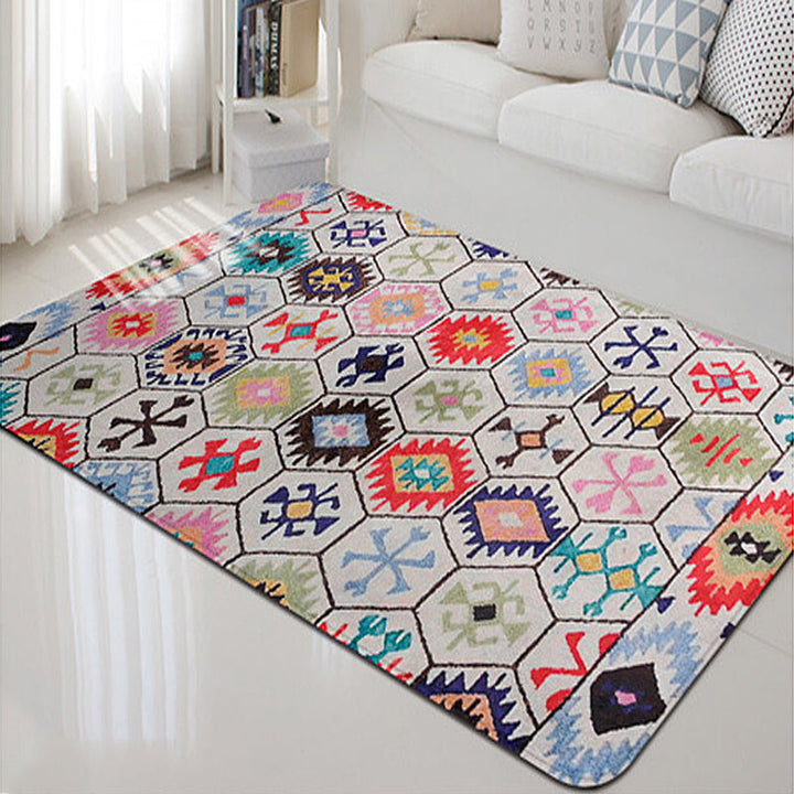 Lisslune | Tribal Diamond Geometric Fringe Rug with Native Classic Symbols Fabric Non-Slip Pet-Friendly Rug for Living Room