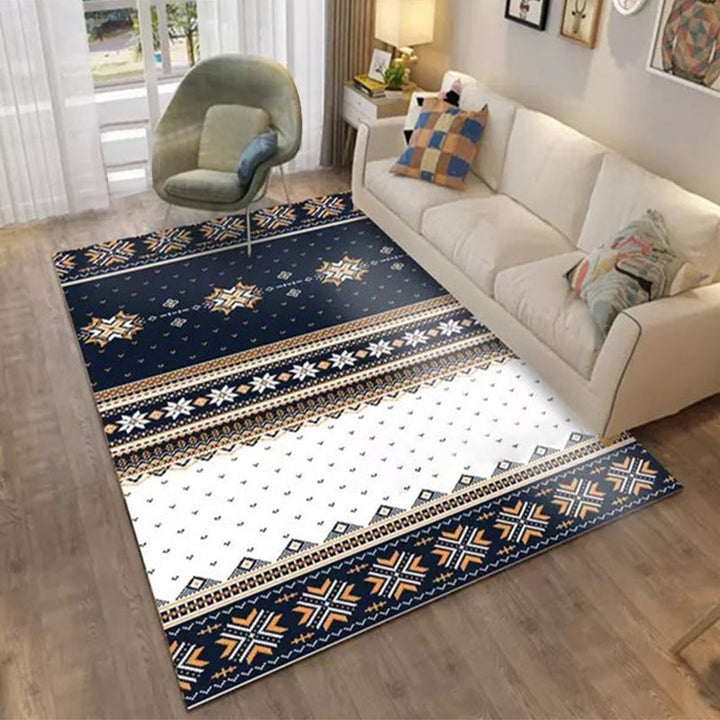 Lisslune | Blue Banded Tribal Carpet with Dots Artificial Anti-Slip Power Loom Flooring Carpet for the Living Room