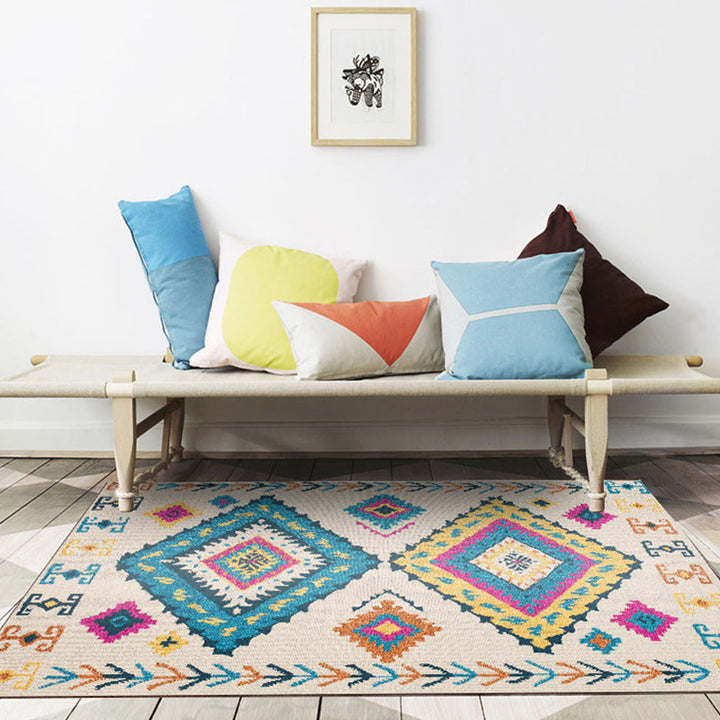 Lisslune | Colorful rug Moroccan southwestern diamond geometric rug polyester washable non-slip stain-resistant area rug