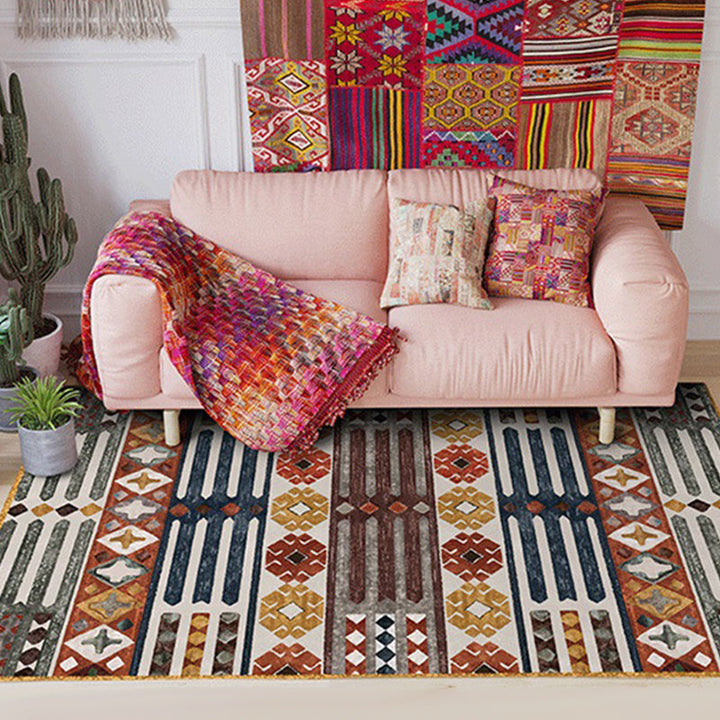 Lisslune | Brown Carnival Tribal Carpet Striped Geometric Flooring Carpet Fabric Non-Slip Powerloom Carpet for the Living Room