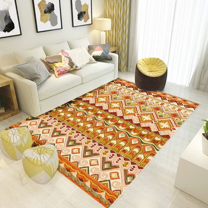Lisslune | Indian Tribal Rug Diamond Geometric with Feathers Hairband Polyester Non-Slip Back Stain Resistant Runner in Yellow