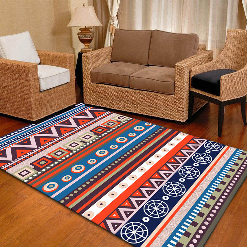 Lisslune | Blue and Red Americana Tribal Rug Striped Geometric Polyester Pet-Friendly Stain-Resistant Area Rug for Accent Area