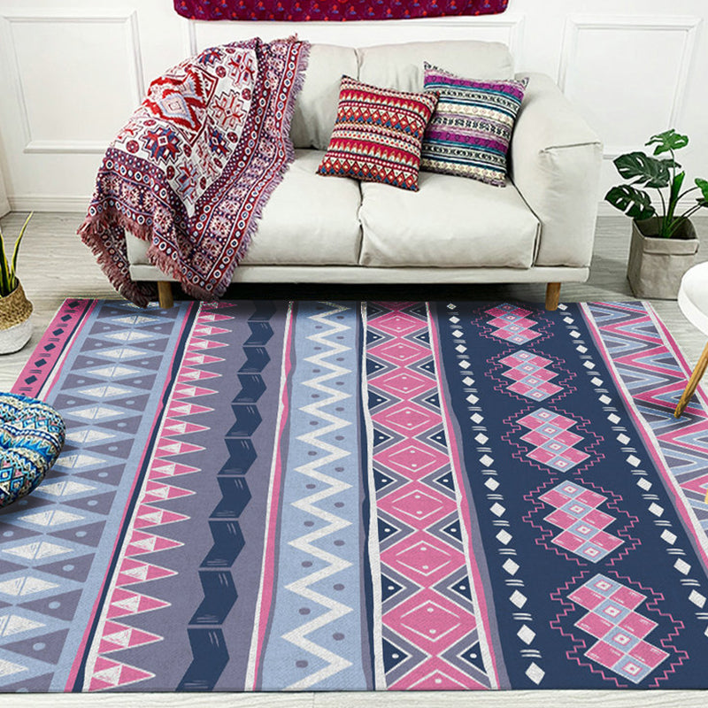 Lisslune | Blue Pink Striped Geometric Rug Americana Tribal Polyester Rug Pet Friendly Stain Resistant Area Rug for Fireplace