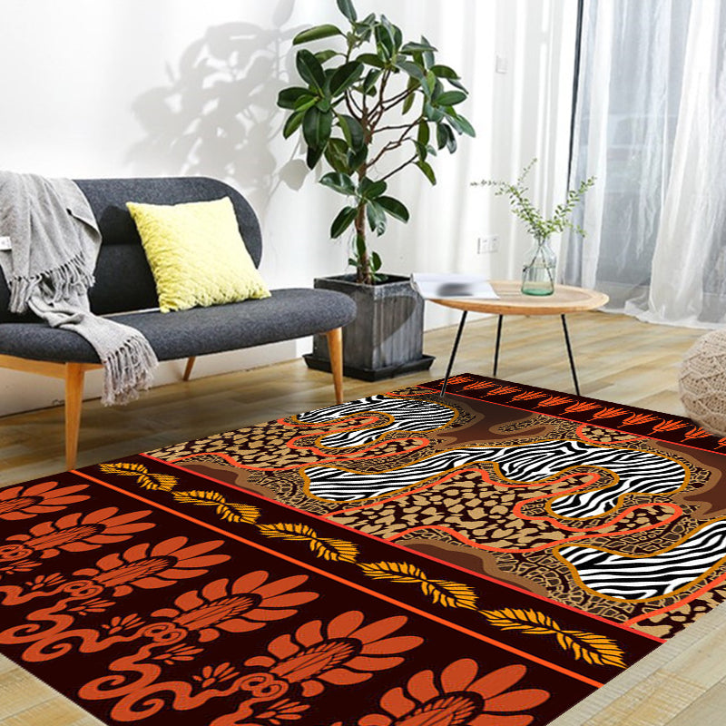 Lisslune | Paisley and Leopard Tribal Rug in Orange Indian Americana Scroll Synthetic Flooring Pet Friendly Stain Resistant Indoor Carpet