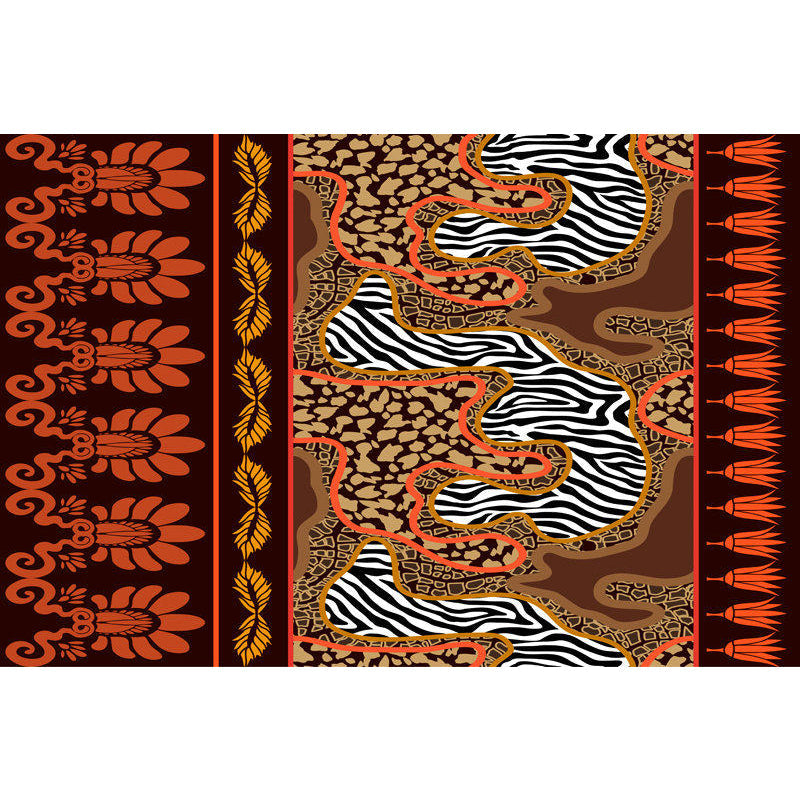 Lisslune | Paisley and Leopard Tribal Rug in Orange Indian Americana Scroll Synthetic Flooring Pet Friendly Stain Resistant Indoor Carpet