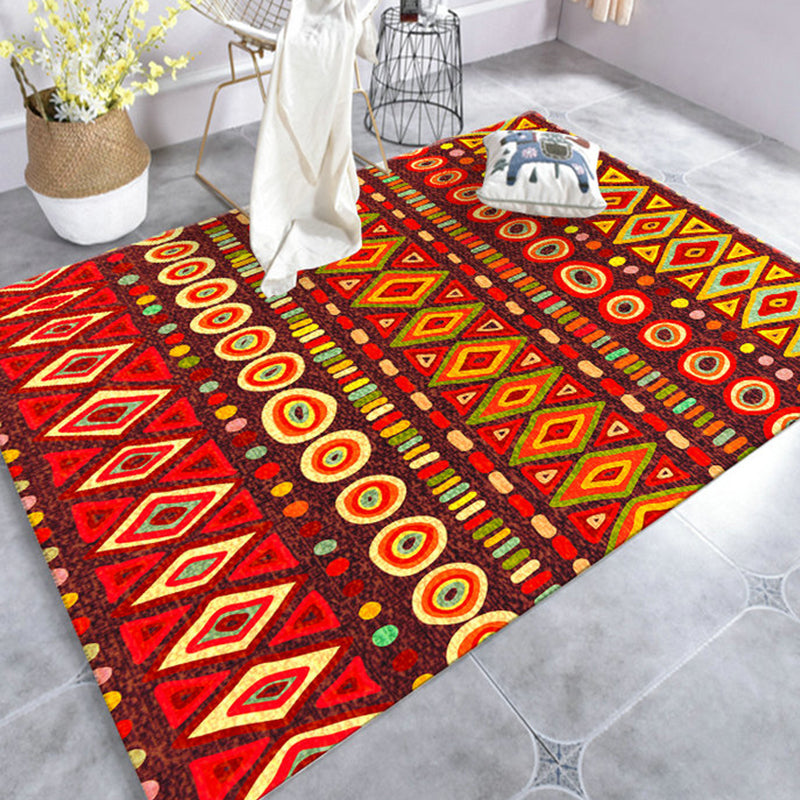 Lisslune | Dark Red Americana Tribal Carpet Striped Geometric Polyester Pet Friendly Stain Resistant Rug for Accent Area