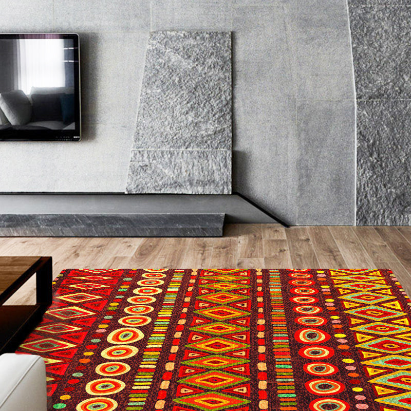 Lisslune | Dark Red Americana Tribal Carpet Striped Geometric Polyester Pet Friendly Stain Resistant Rug for Accent Area