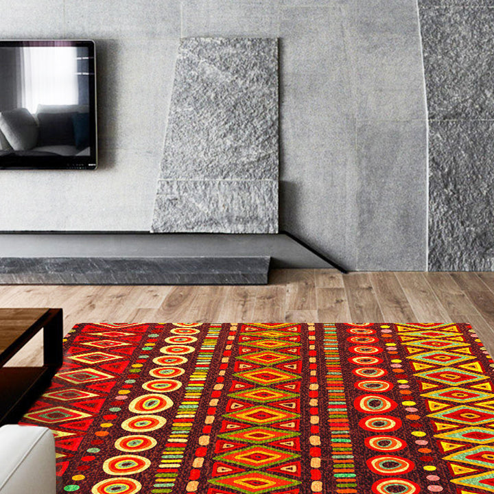 Lisslune | Dark Red Americana Tribal Carpet Striped Geometric Polyester Pet Friendly Stain Resistant Rug for Accent Area