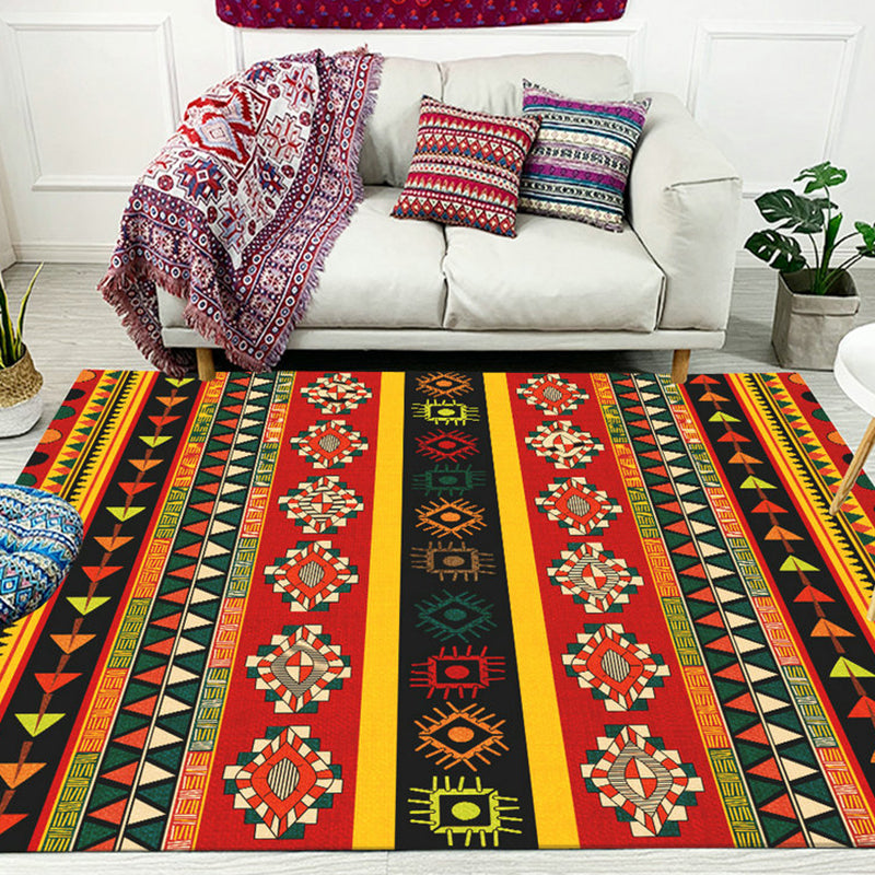 Lisslune | Dark Red Americana Tribal Carpet Striped Geometric Polyester Pet Friendly Stain Resistant Rug for Accent Area
