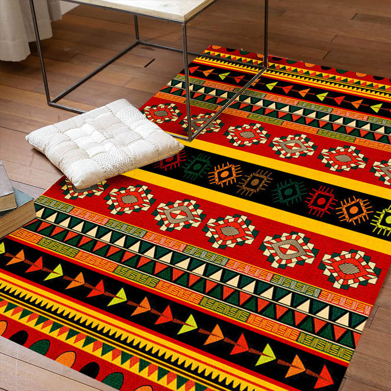 Lisslune | Dark Red Americana Tribal Carpet Striped Geometric Polyester Pet Friendly Stain Resistant Rug for Accent Area
